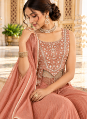 Peach Salsa Silk Bead & Sequin Embroidered Sharara Set