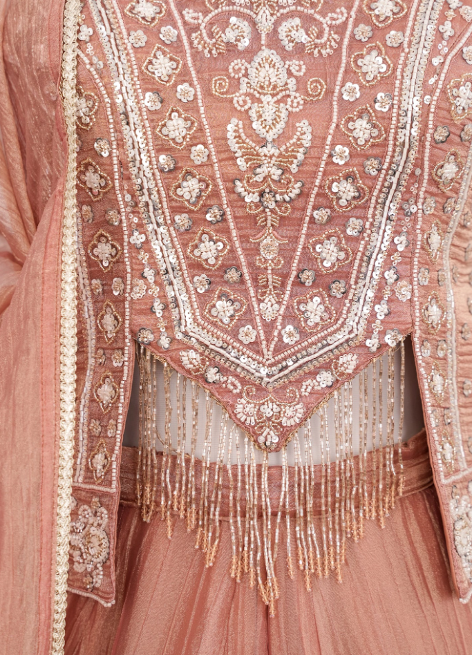 Peach Salsa Silk Bead & Sequin Embroidered Sharara Set