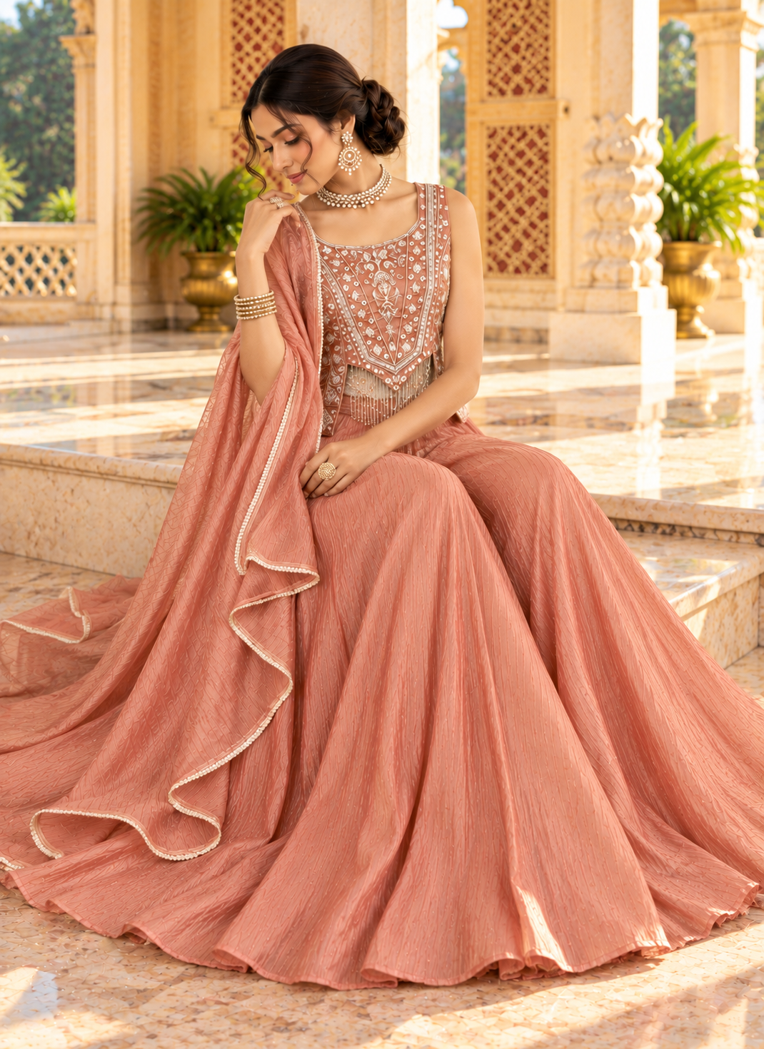 Peach Salsa Silk Bead & Sequin Embroidered Sharara Set