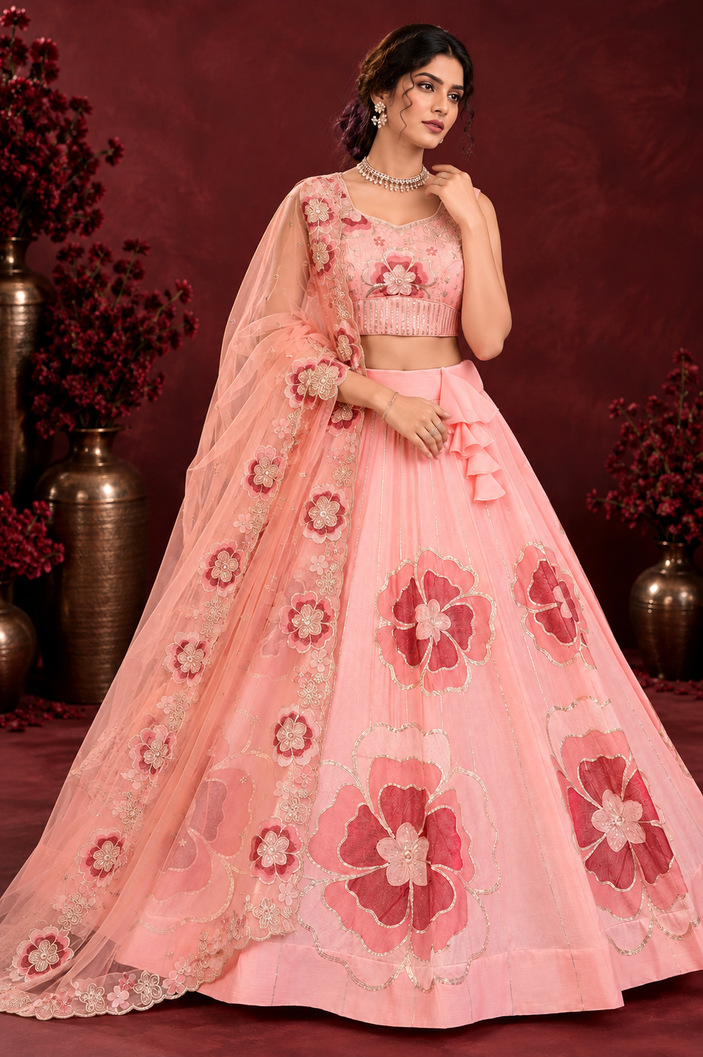 Peach Pink Floral Embroidered Chinon Silk Lehenga Choli Set for Wedding & Festive Wear (9)