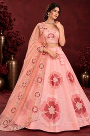 Peach Pink Floral Embroidered Chinon Silk Lehenga Choli Set for Wedding & Festive Wear (9)