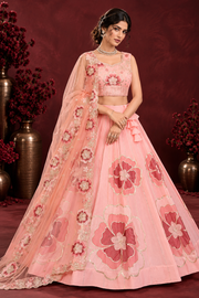 Peach Pink Floral Embroidered Chinon Silk Lehenga Choli Set for Wedding & Festive Wear (9)