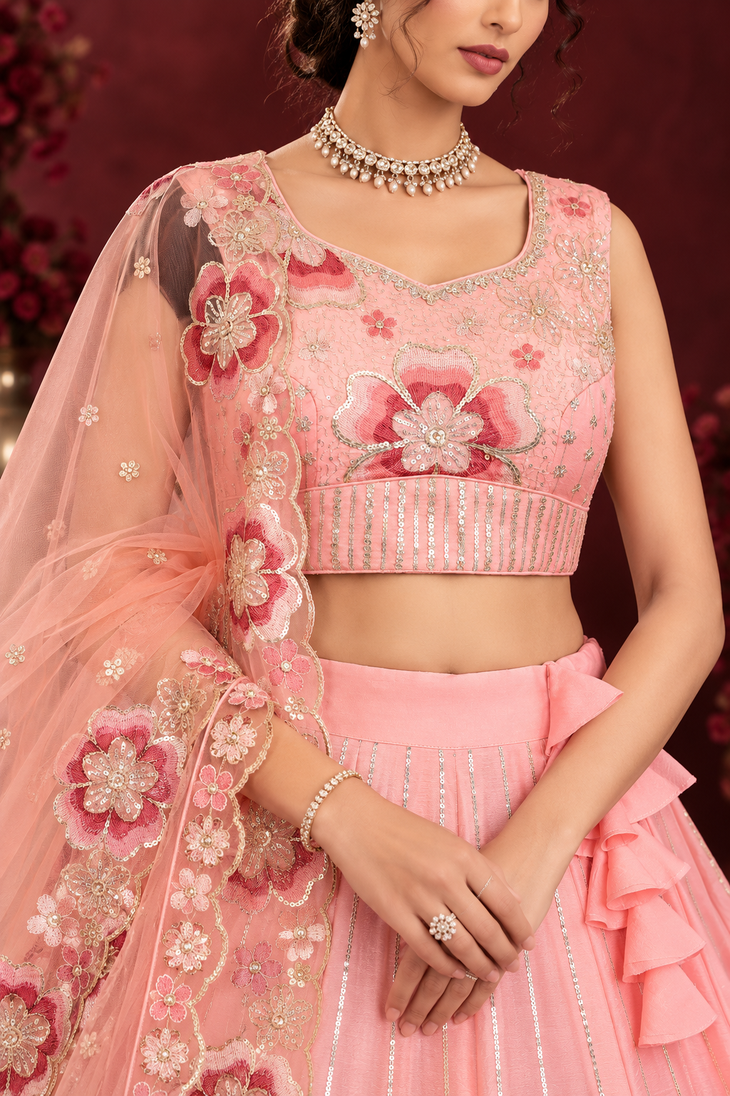 Peach Pink Floral Embroidered Chinon Silk Lehenga Choli Set for Wedding & Festive Wear (9)