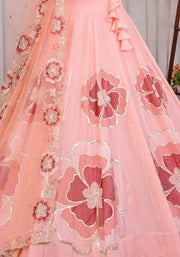 Peach Pink Floral Embroidered Chinon Silk Lehenga Choli Set for Wedding & Festive Wear (9)