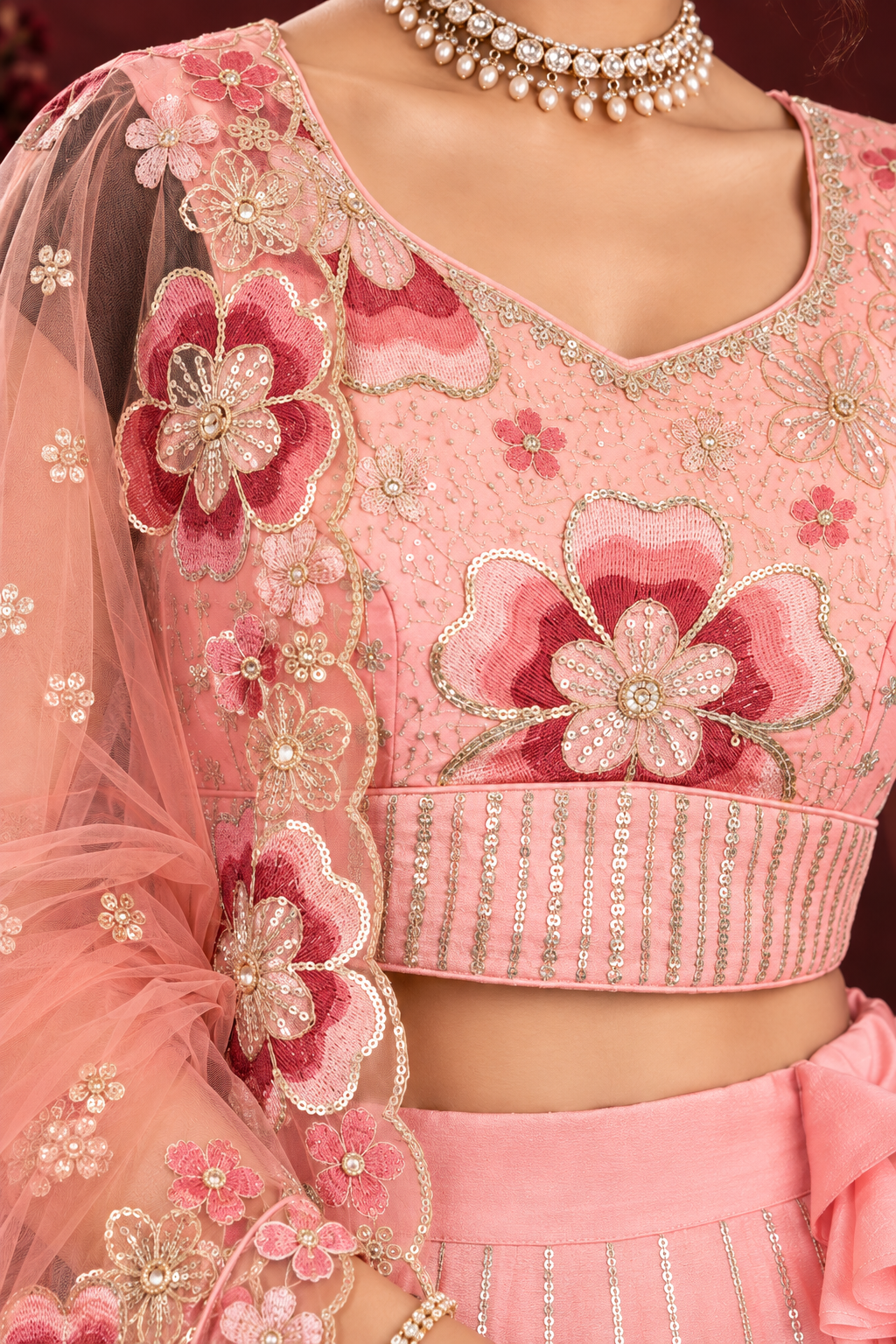 Peach Pink Floral Embroidered Chinon Silk Lehenga Choli Set for Wedding & Festive Wear (9)