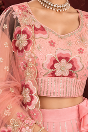 Peach Pink Floral Embroidered Chinon Silk Lehenga Choli Set for Wedding & Festive Wear (9)