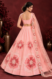 Peach Pink Floral Embroidered Chinon Silk Lehenga Choli Set for Wedding & Festive Wear (9)