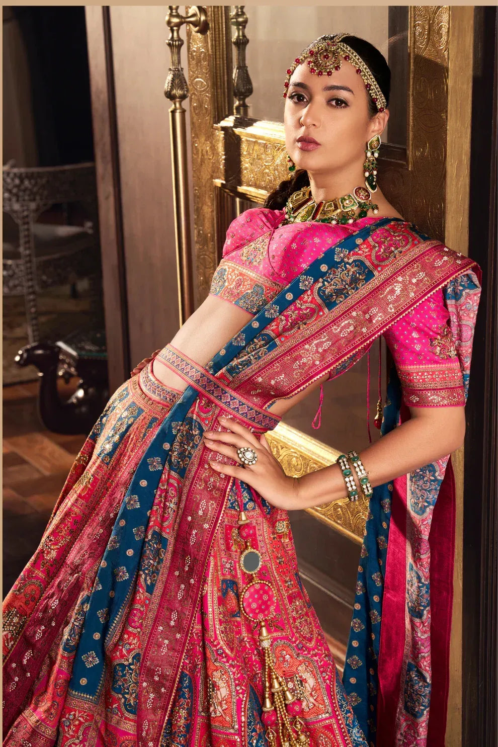 Pink Multicolor Banarasi Silk Zari Lehenga Choli