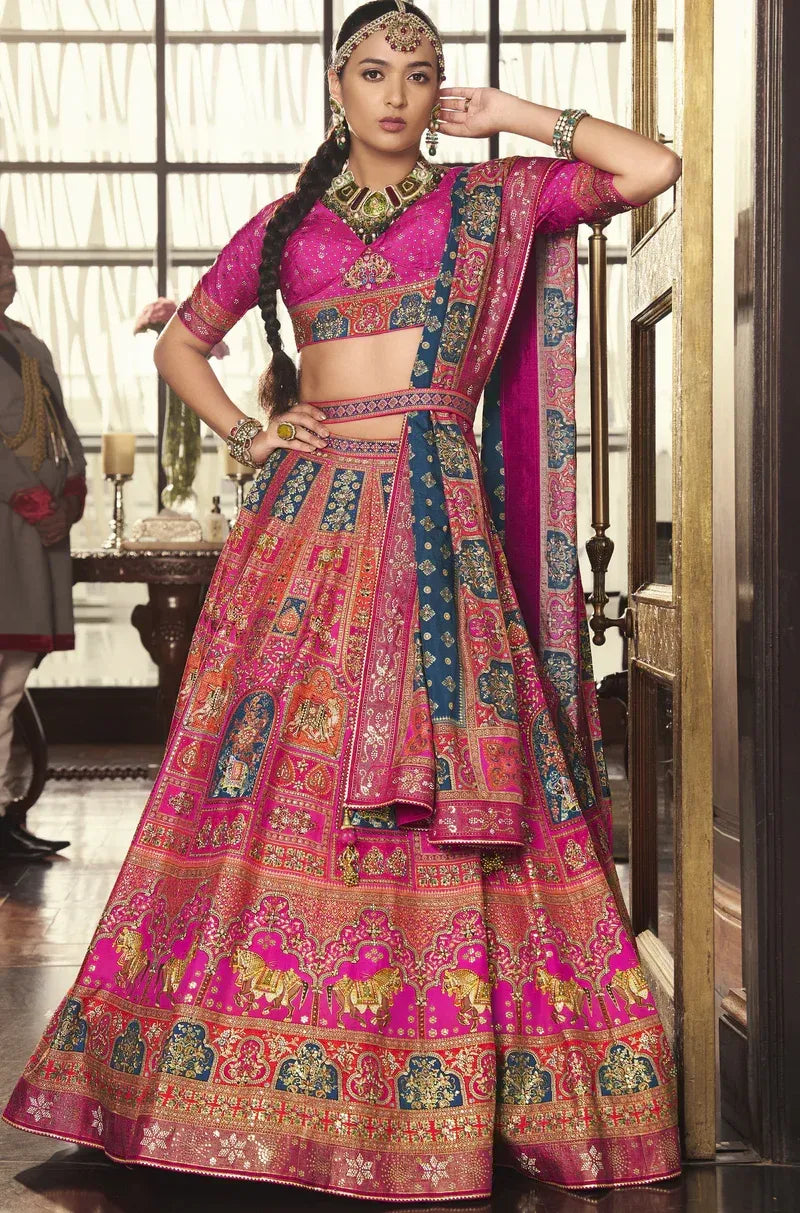 Pink Multicolor Banarasi Silk Zari Lehenga Choli