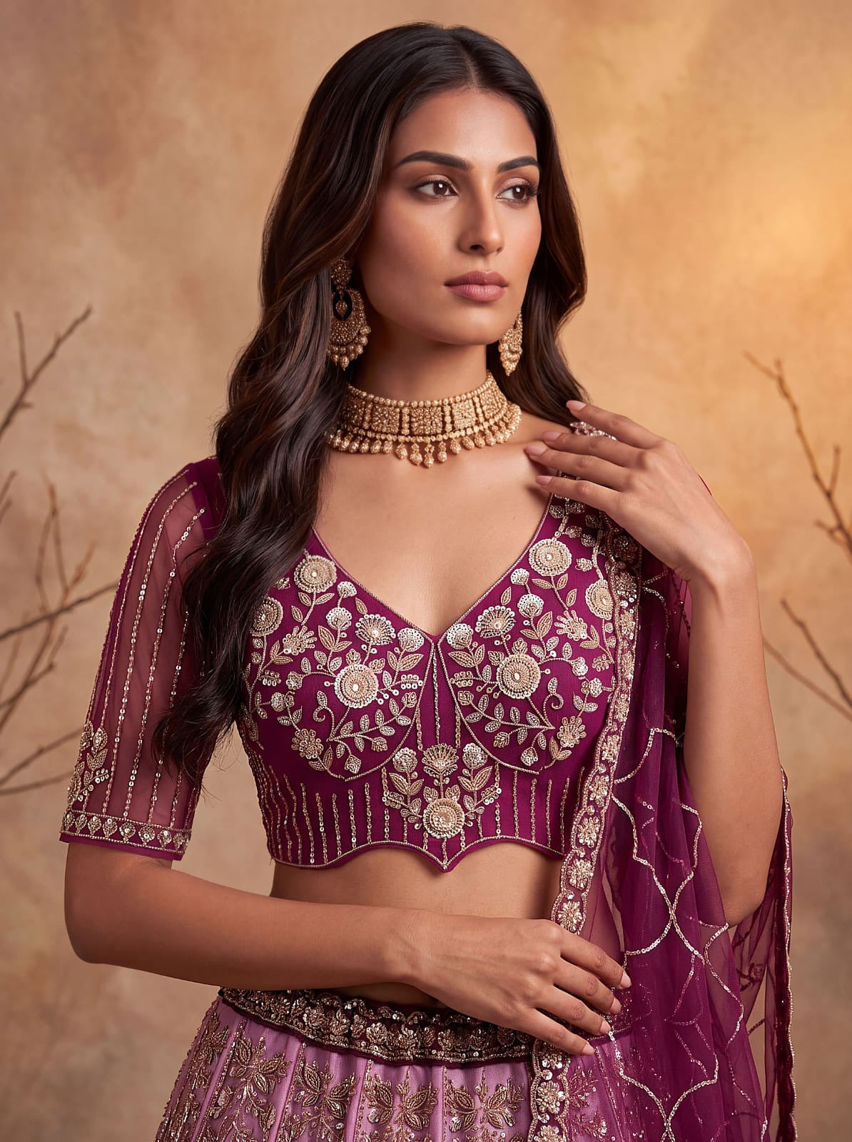 Pink Net Zari Sequin Bridal Lehenga Choli