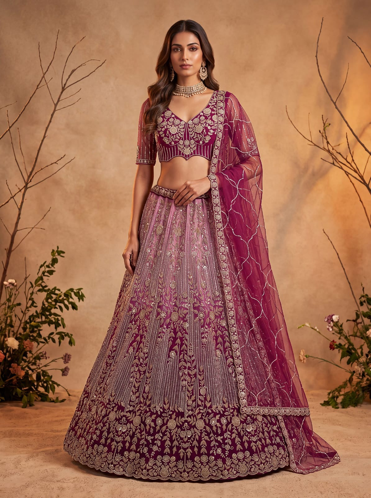 Pink Net Zari Sequin Bridal Lehenga Choli