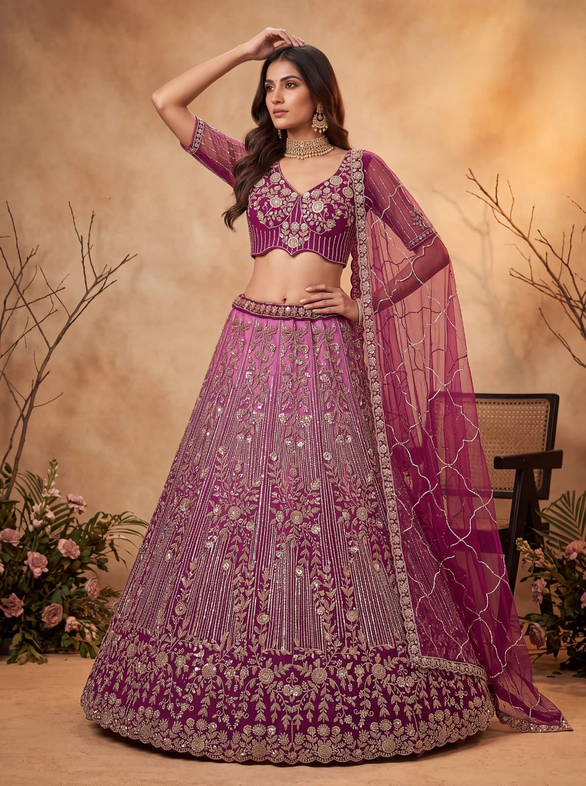 Pink Net Zari Sequin Bridal Lehenga Choli