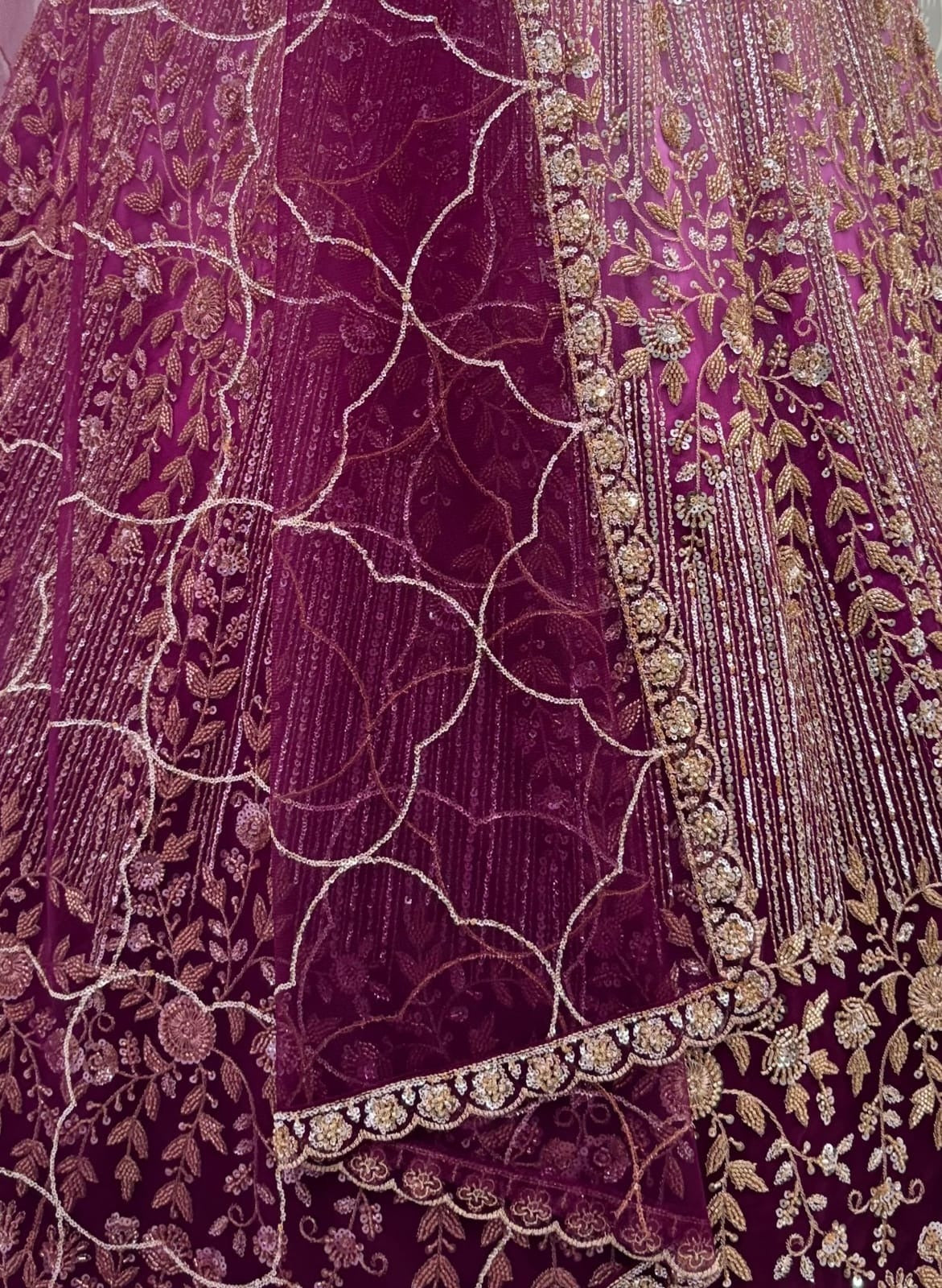 Pink Net Zari Sequin Bridal Lehenga Choli