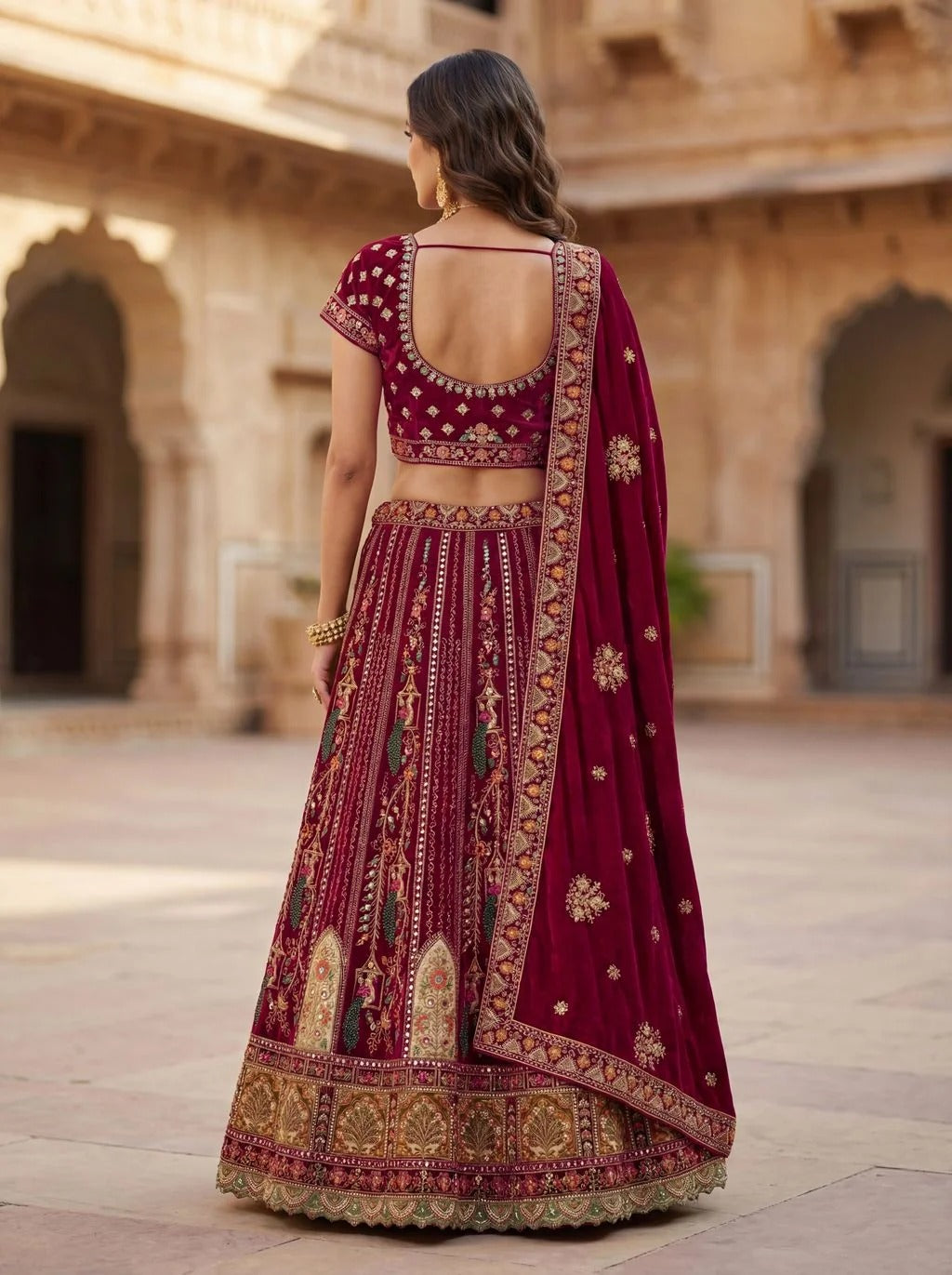 Pink Velvet Patchwork Mirror Work Bridal Lehenga Choli