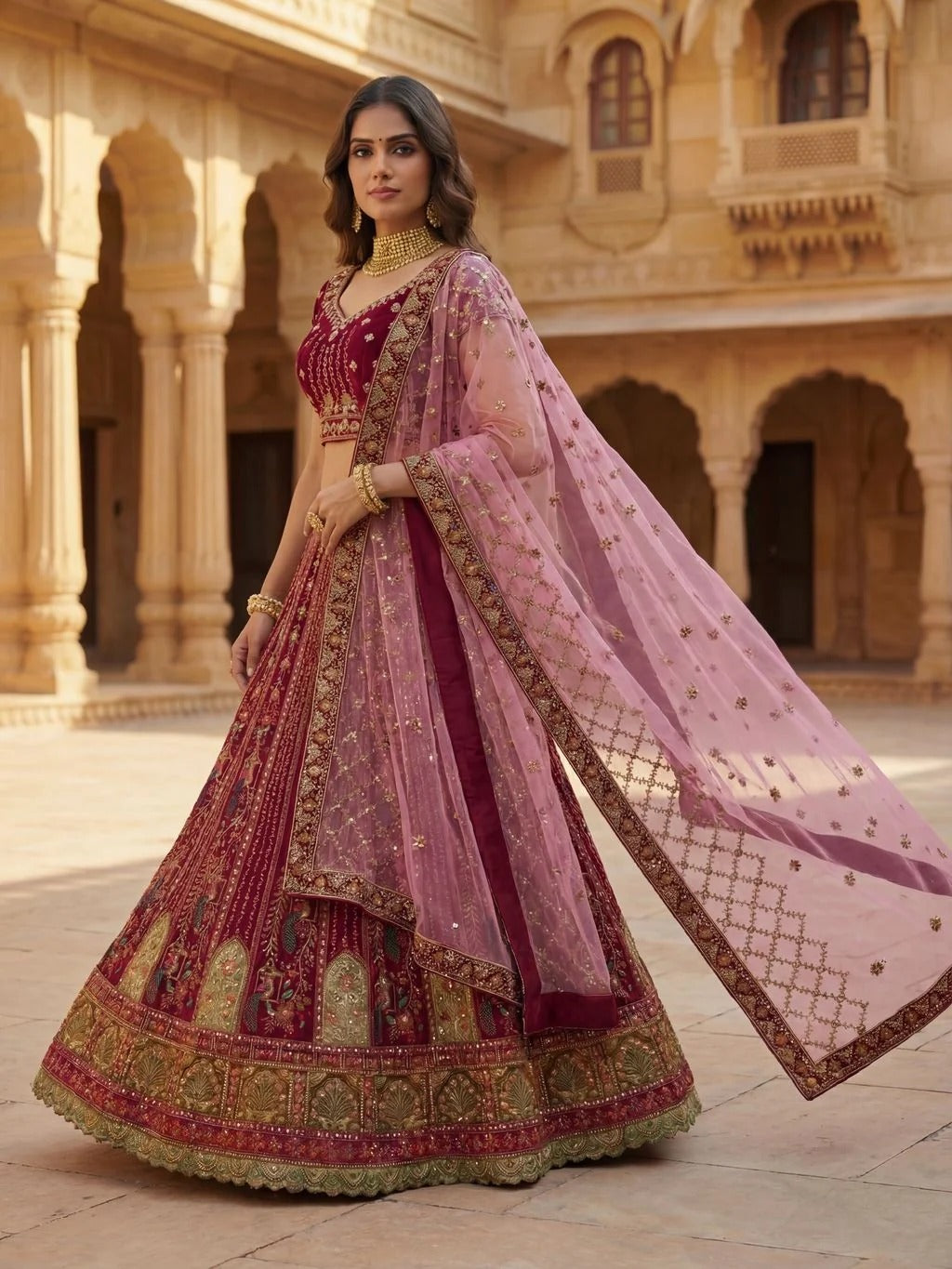 Pink Velvet Patchwork Mirror Work Bridal Lehenga Choli