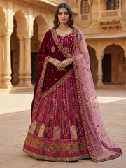 Pink Velvet Patchwork Mirror Work Bridal Lehenga Choli