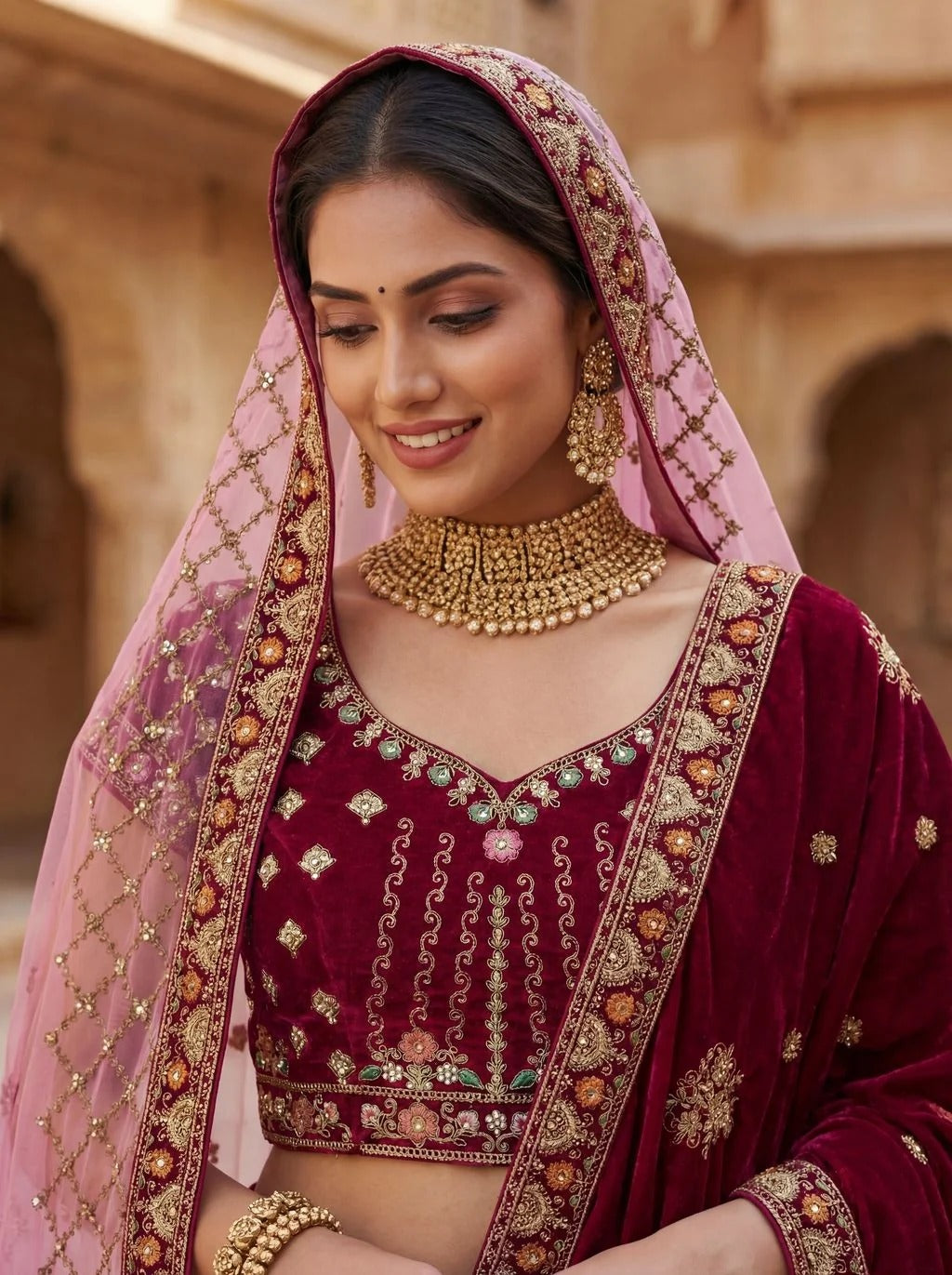 Pink Velvet Patchwork Mirror Work Bridal Lehenga Choli