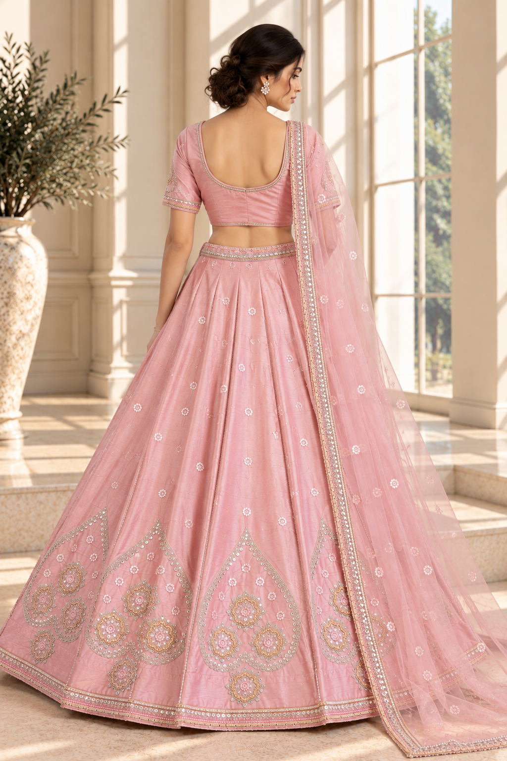 Pink Sanal Silk Lehenga Choli with Jardoshi & Beda Work