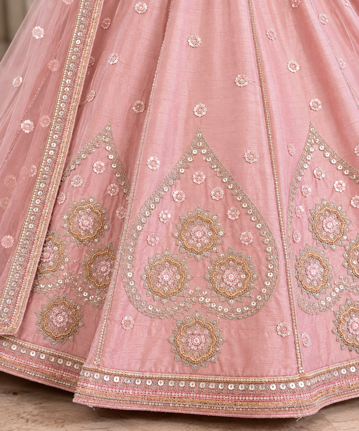 Pink Sanal Silk Lehenga Choli with Jardoshi & Beda Work