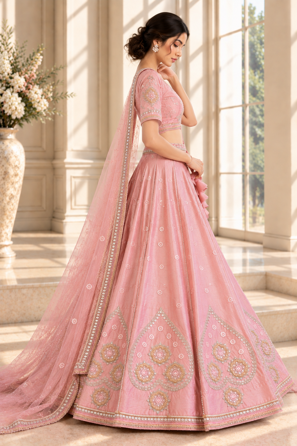 Pink Sanal Silk Lehenga Choli with Jardoshi & Beda Work