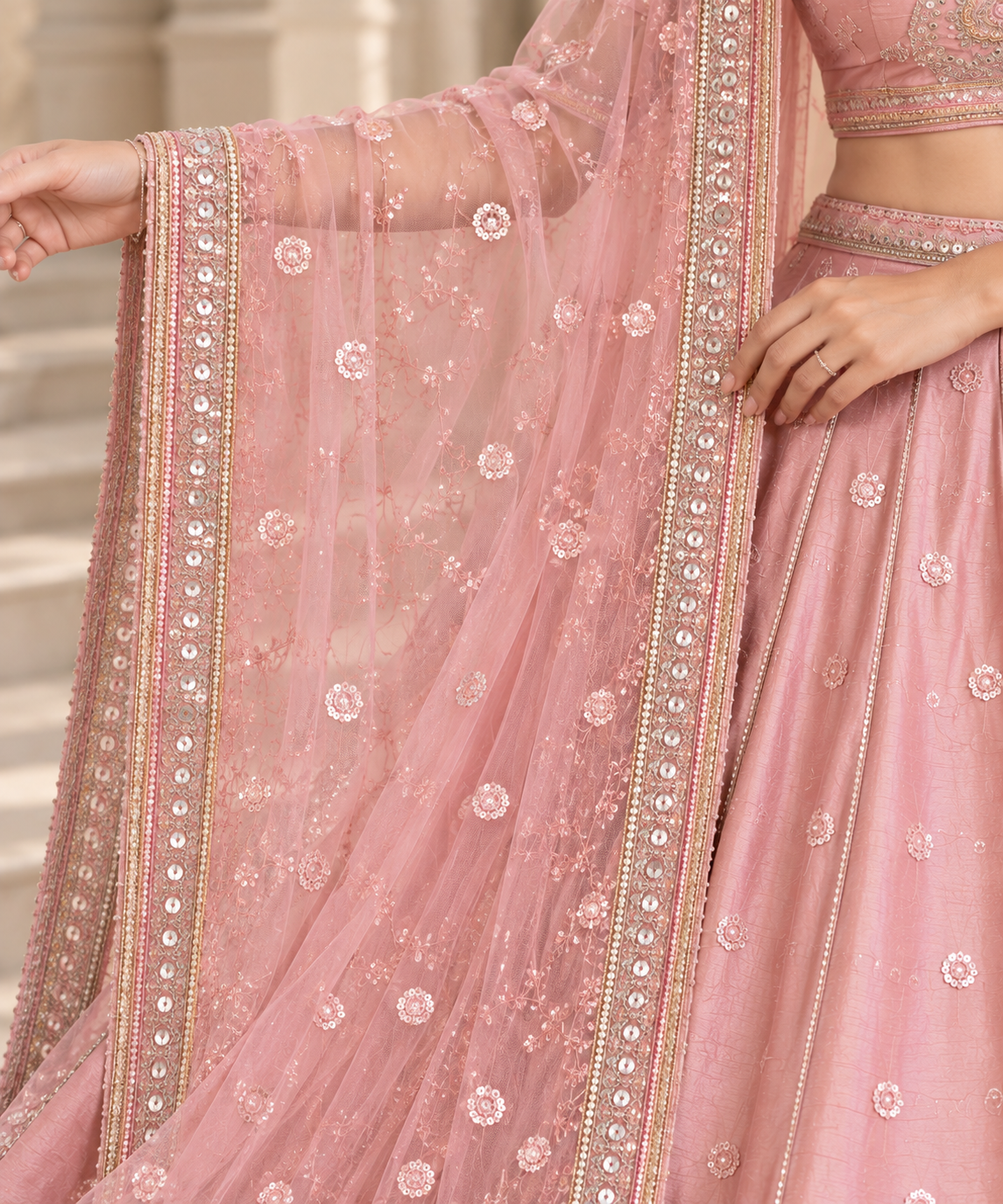 Pink Sanal Silk Lehenga Choli with Jardoshi & Beda Work