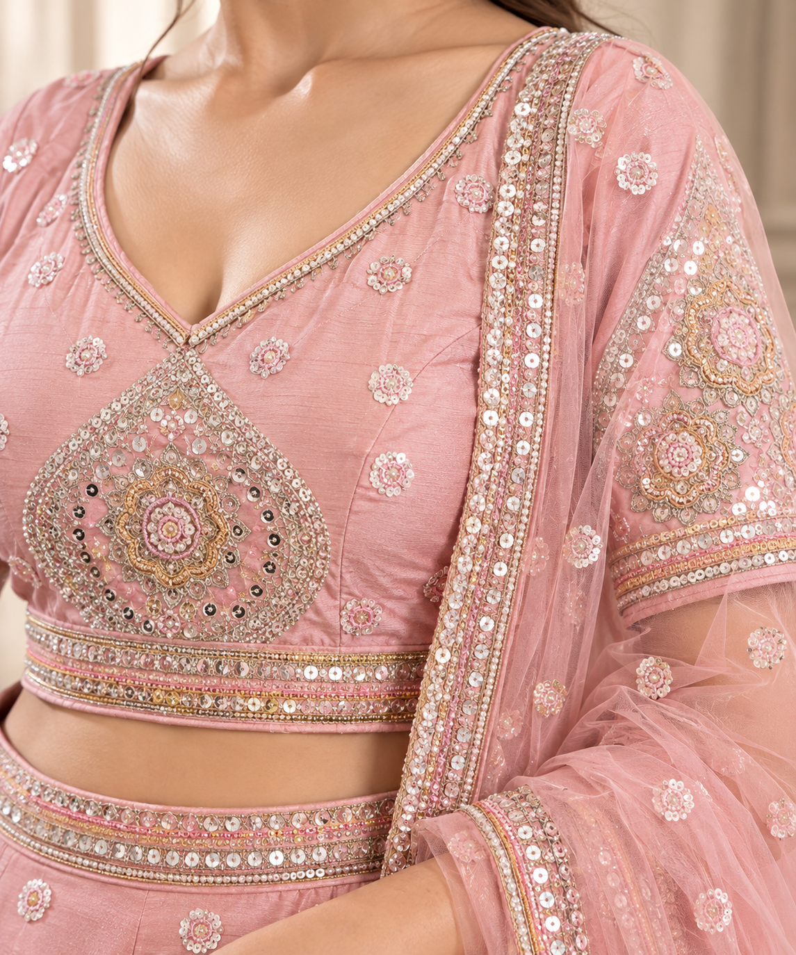 Pink Sanal Silk Lehenga Choli with Jardoshi & Beda Work