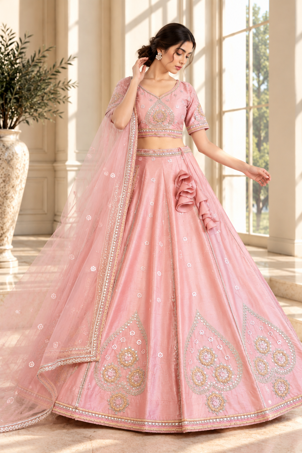 Pink Sanal Silk Lehenga Choli with Jardoshi & Beda Work