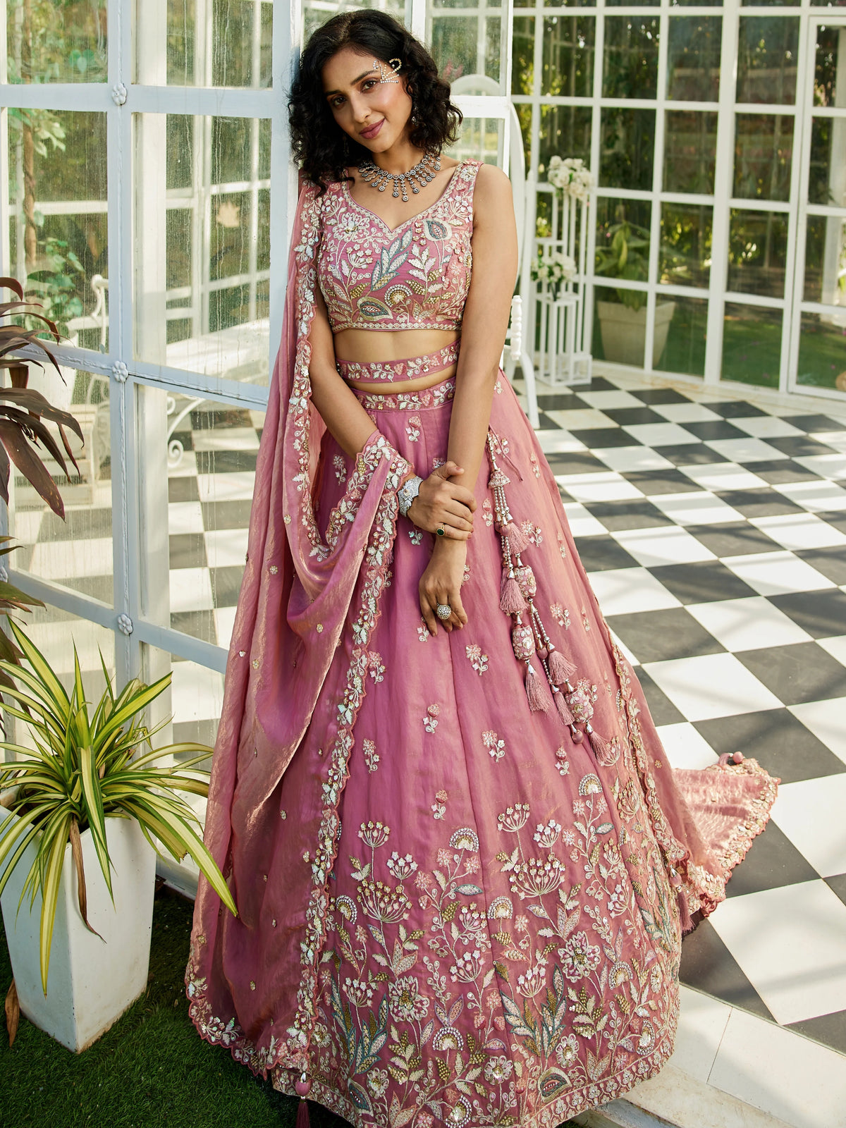 Pink Tissue Sequin Embroidered Bridal Lehenga Choli
