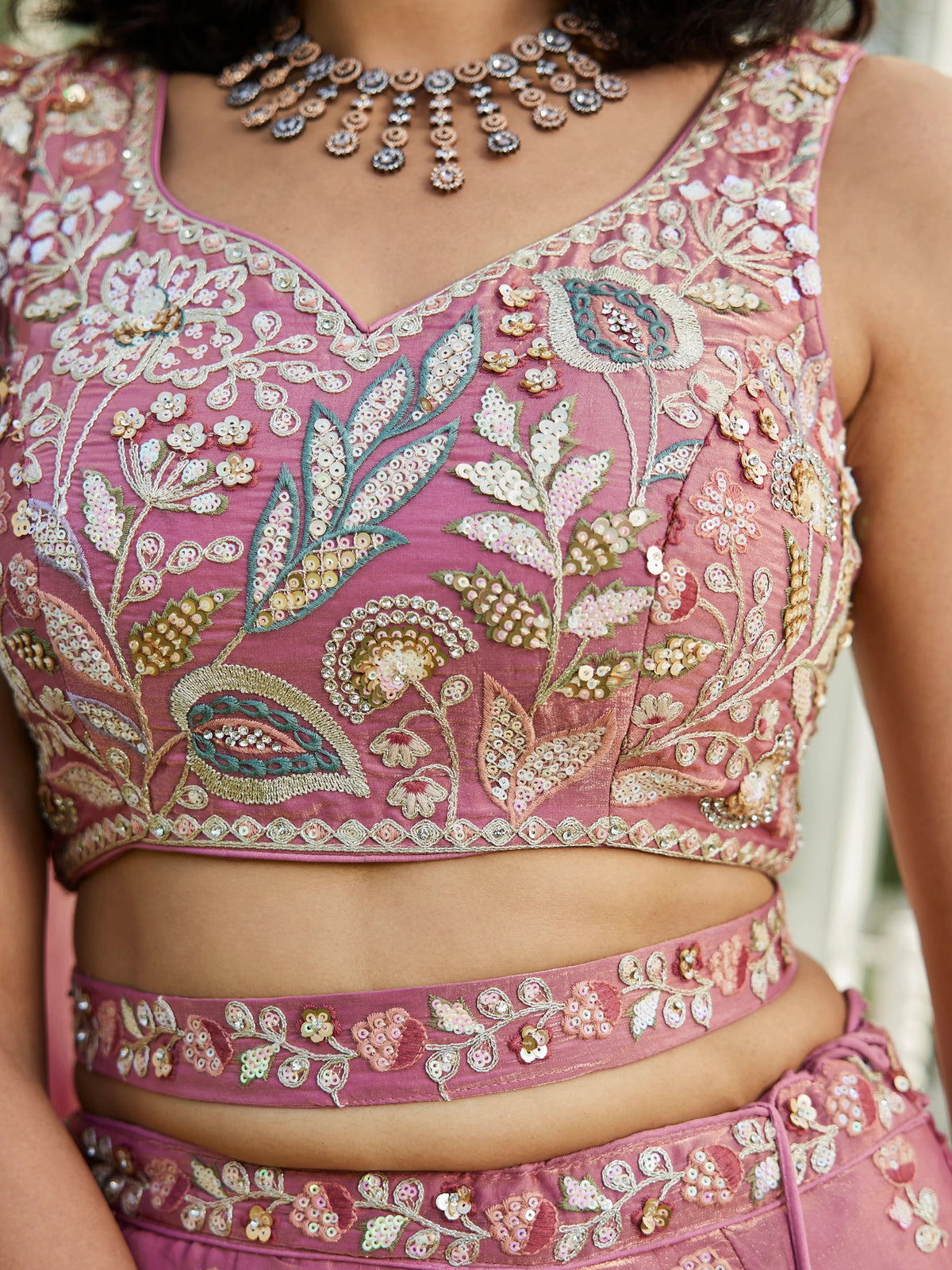 Pink Tissue Sequin Embroidered Bridal Lehenga Choli