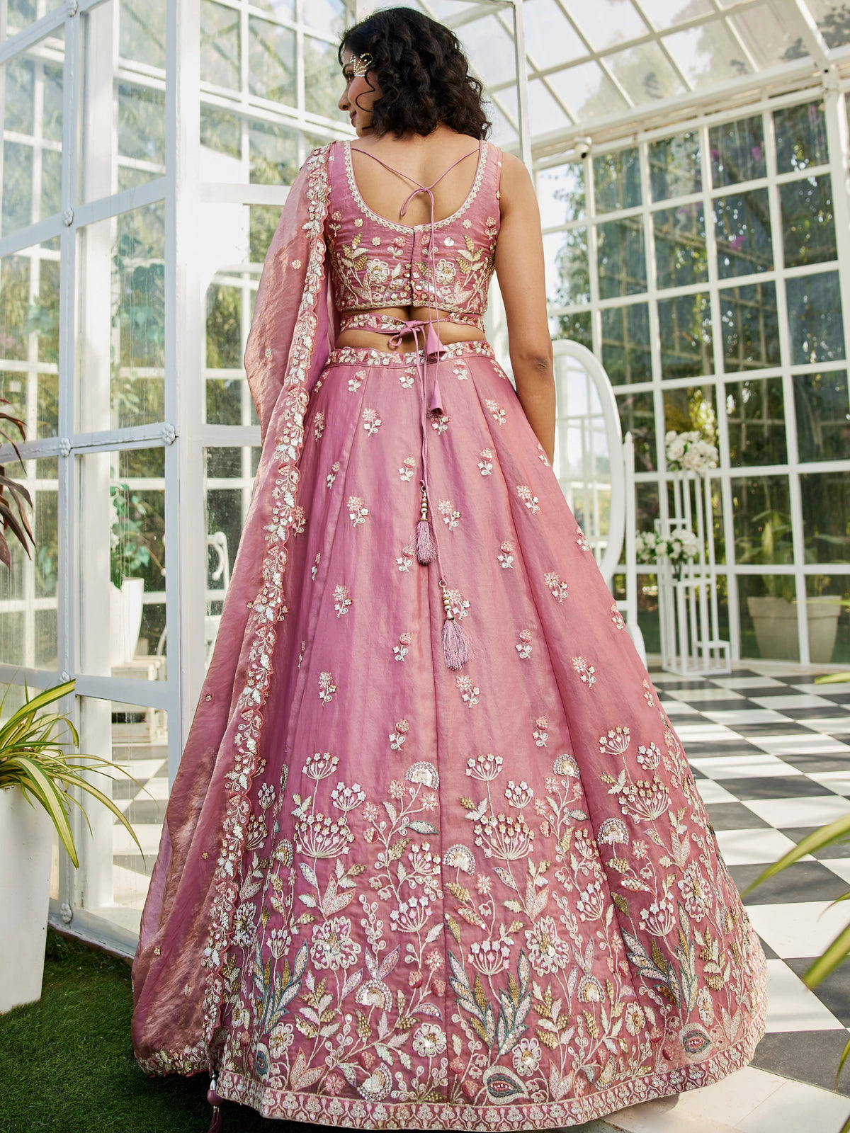 Pink Tissue Sequin Embroidered Bridal Lehenga Choli