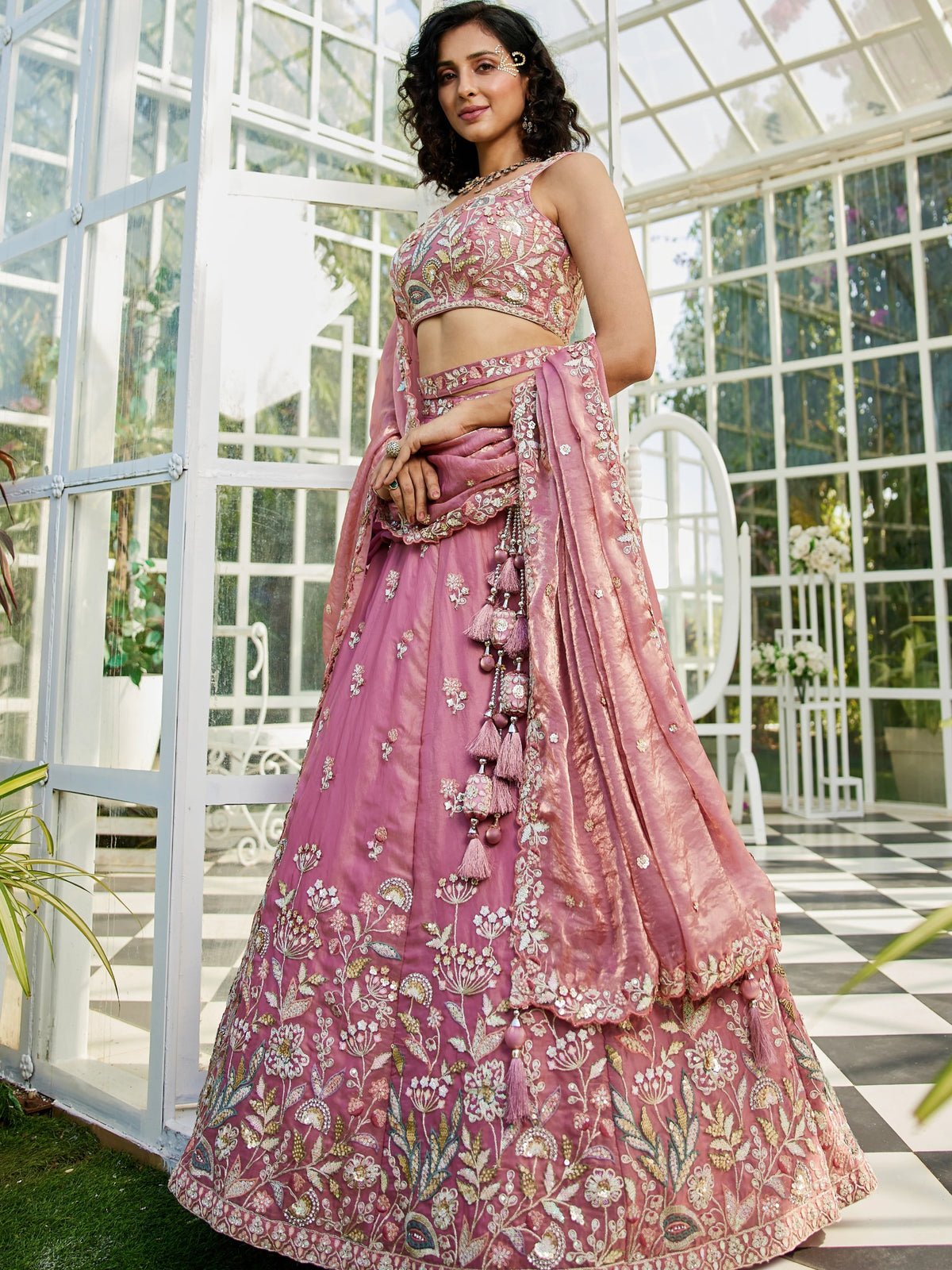 Pink Tissue Sequin Embroidered Bridal Lehenga Choli
