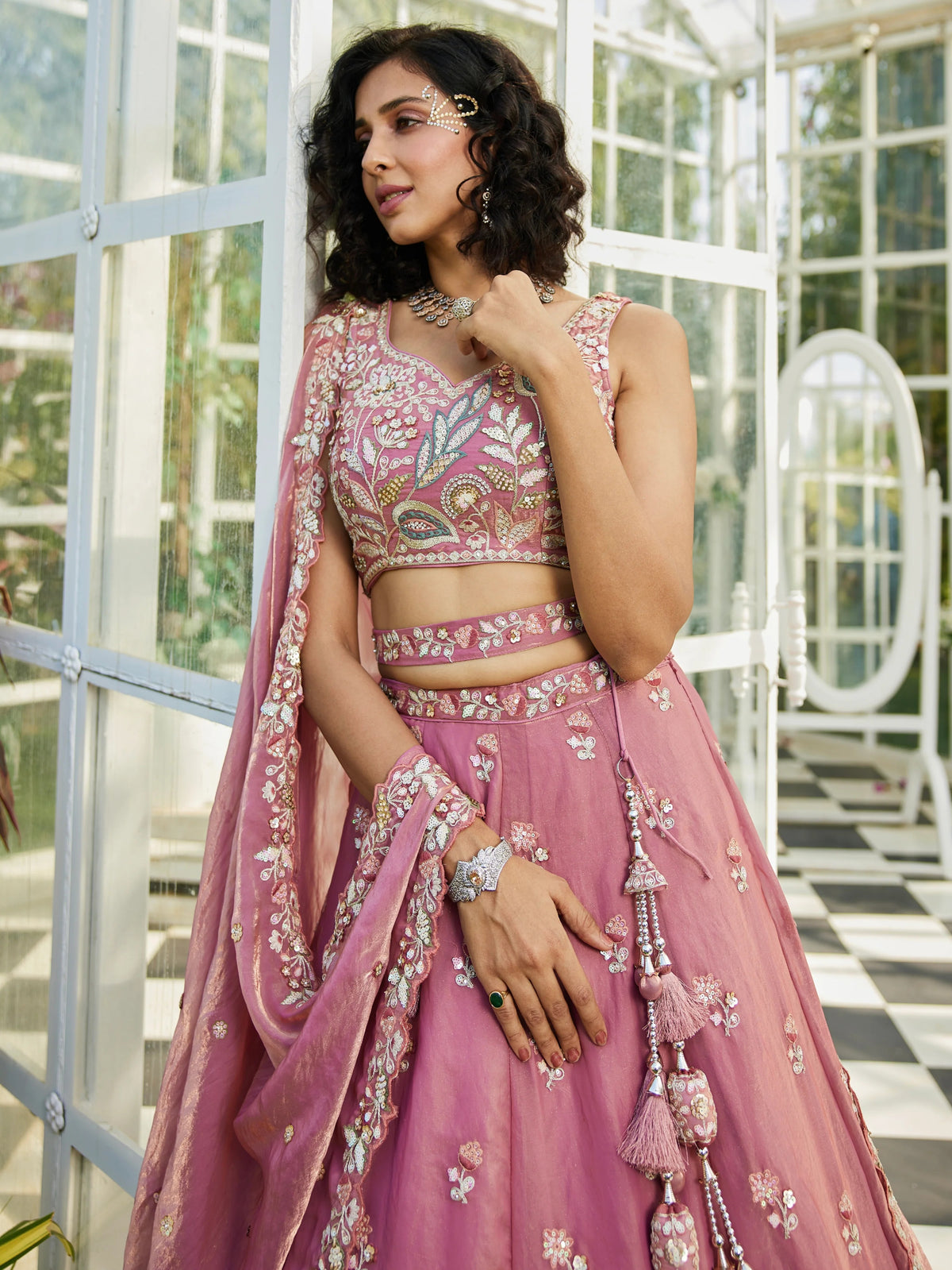 Pink Tissue Sequin Embroidered Bridal Lehenga Choli