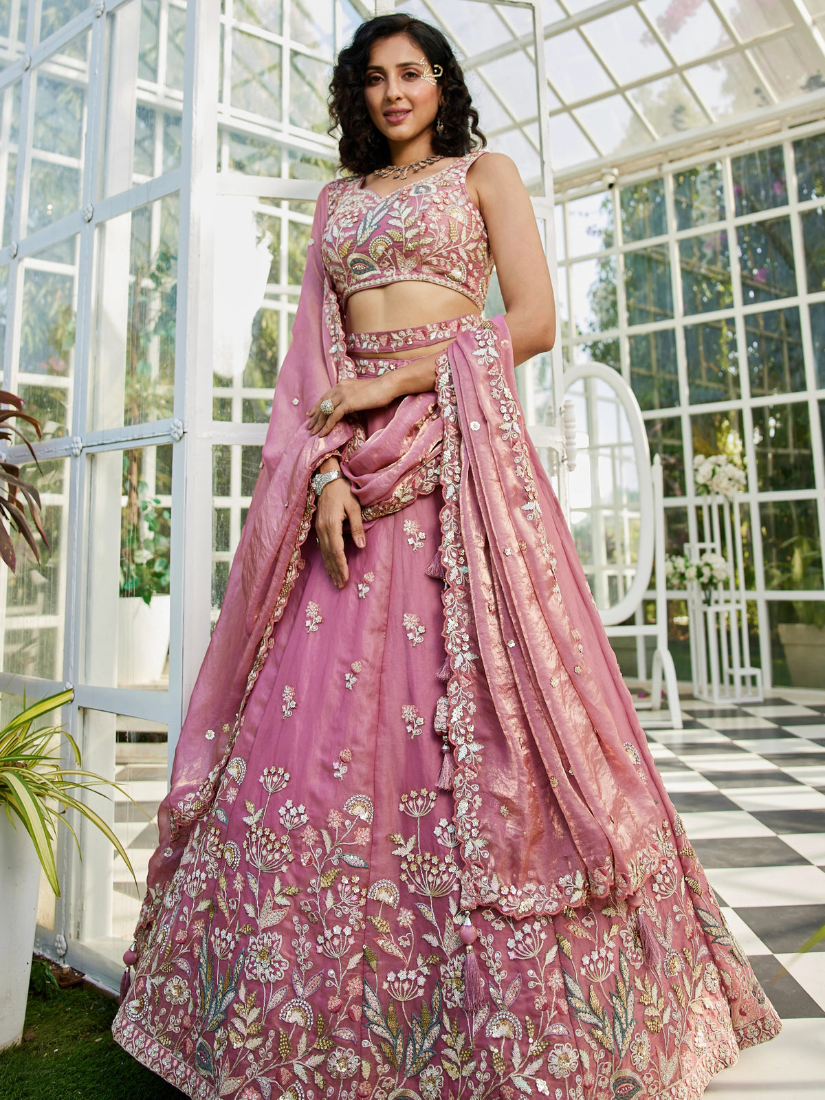Pink Tissue Sequin Embroidered Bridal Lehenga Choli