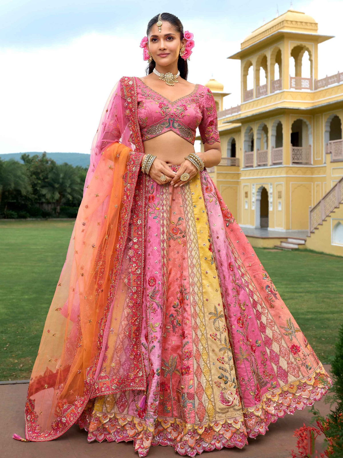Pink & Peach Fancy Silk Cutwork Embroidered Lehenga Choli