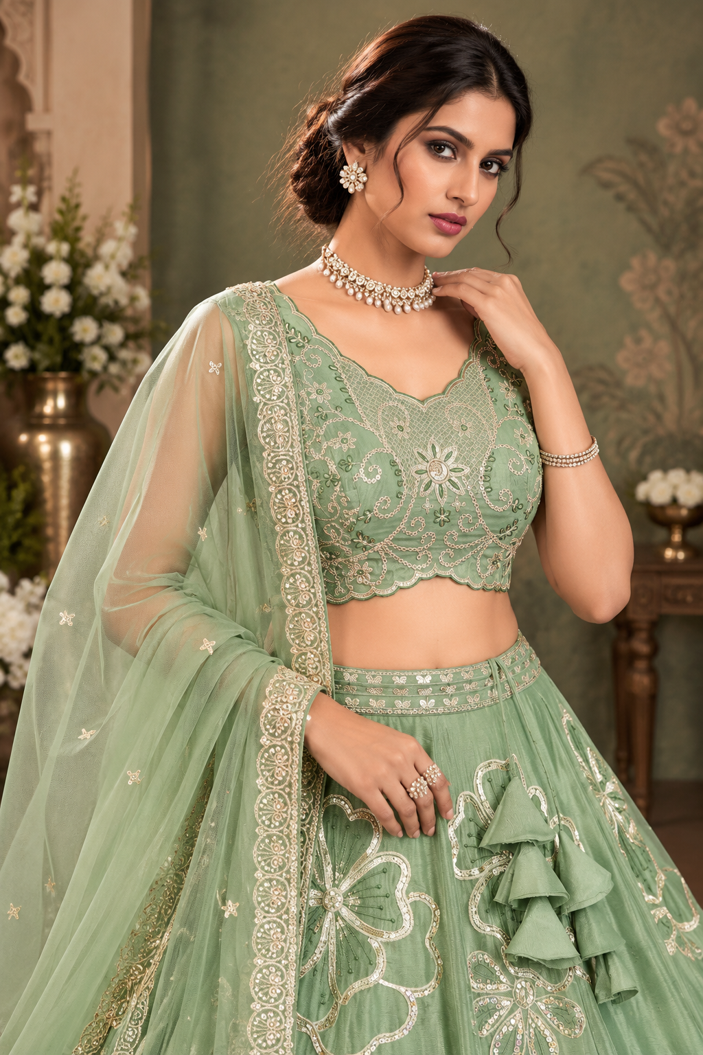 Pista Green Chinon Silk Embroidered Lehenga Choli Set