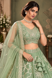 Pista Green Chinon Silk Embroidered Lehenga Choli Set