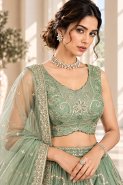 Pista Green Chinon Silk Embroidered Lehenga Choli Set