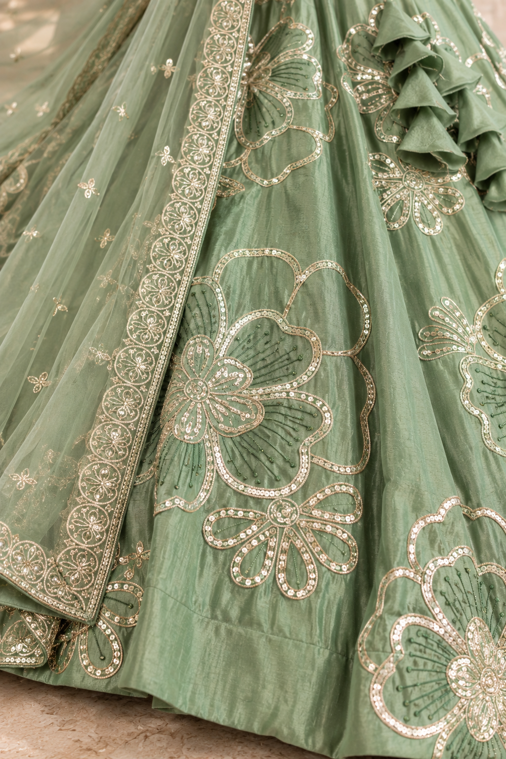 Pista Green Chinon Silk Embroidered Lehenga Choli Set