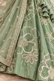 Pista Green Chinon Silk Embroidered Lehenga Choli Set