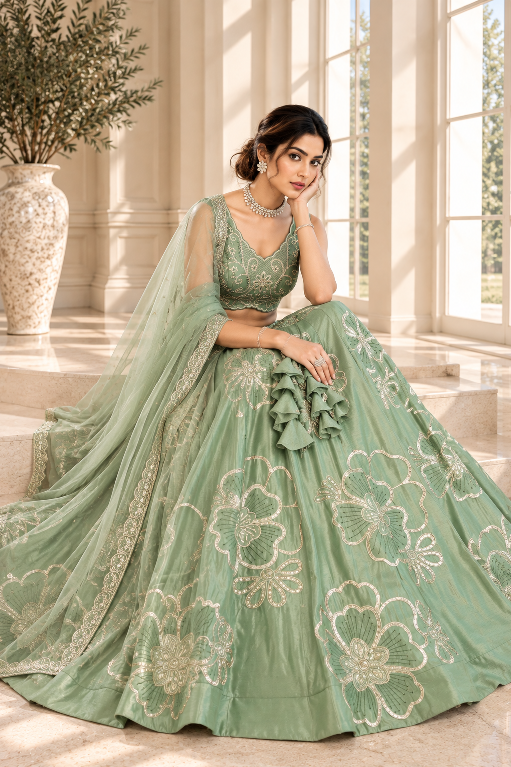 Pista Green Chinon Silk Embroidered Lehenga Choli Set