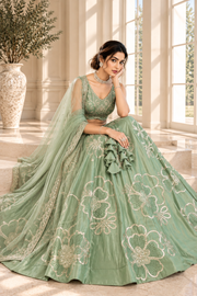 Pista Green Chinon Silk Embroidered Lehenga Choli Set