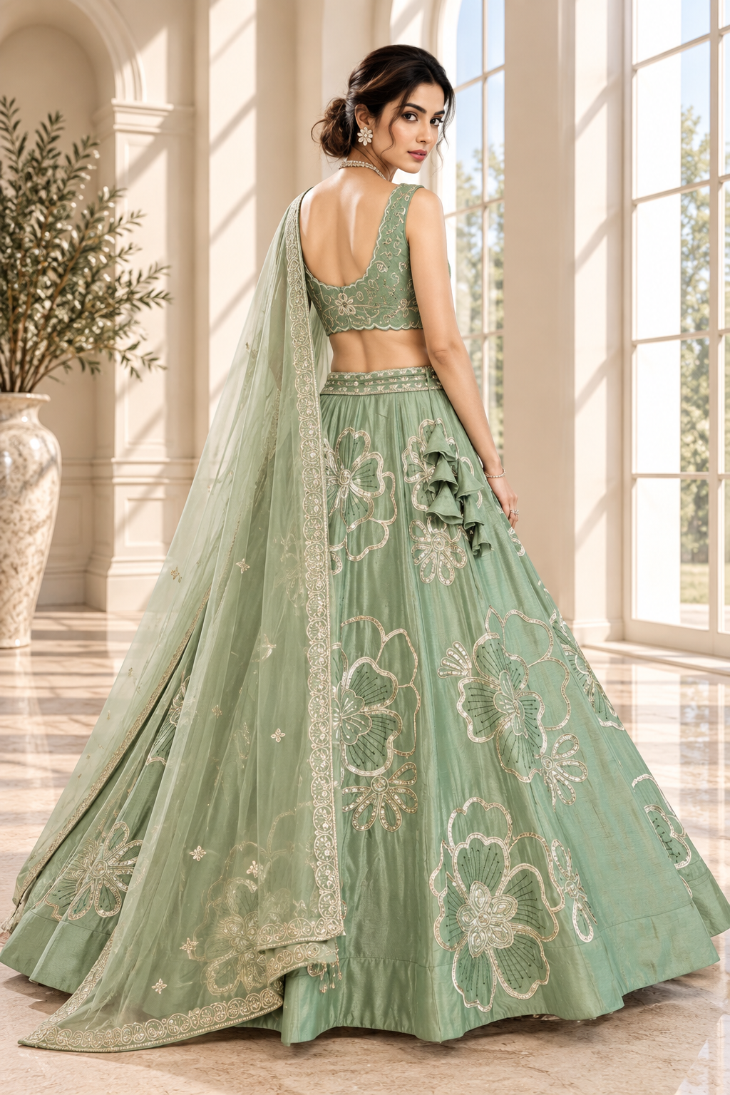 Pista Green Chinon Silk Embroidered Lehenga Choli Set