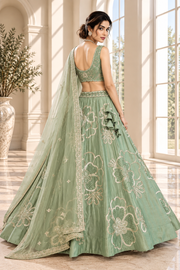 Pista Green Chinon Silk Embroidered Lehenga Choli Set