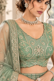 Pista Green Chinon Silk Embroidered Lehenga Choli Set