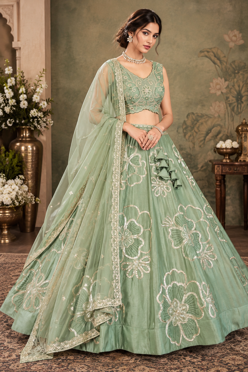 Pista Green Chinon Silk Embroidered Lehenga Choli Set