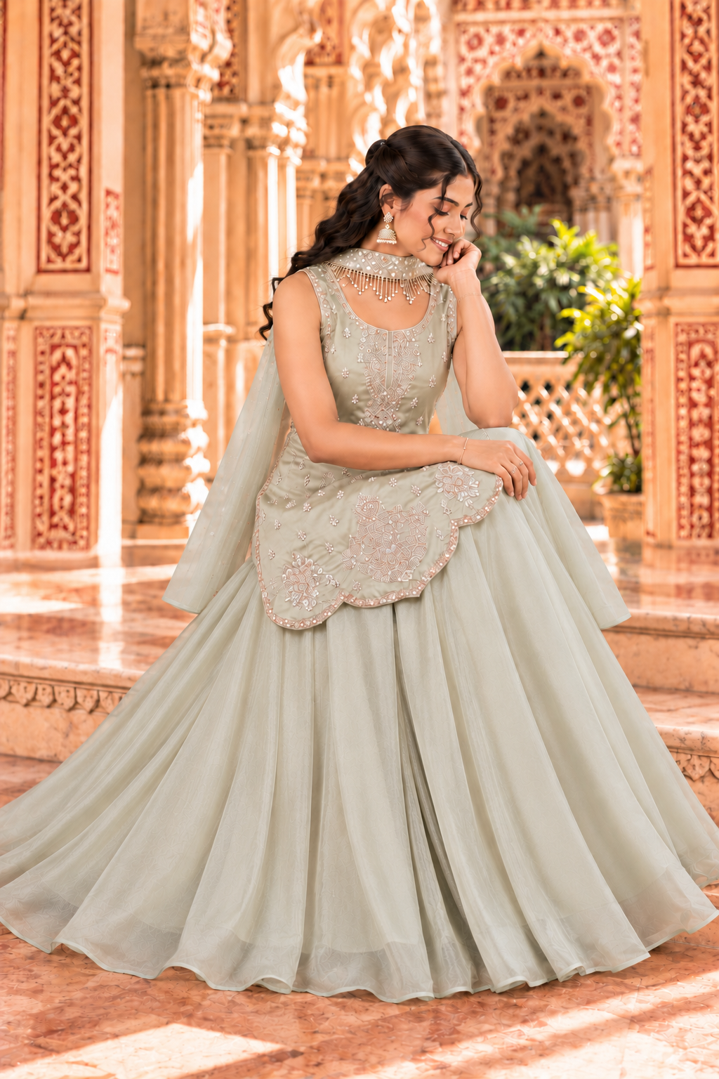 Pista Green Salsa Silk Zari & Sequin Sharara Set