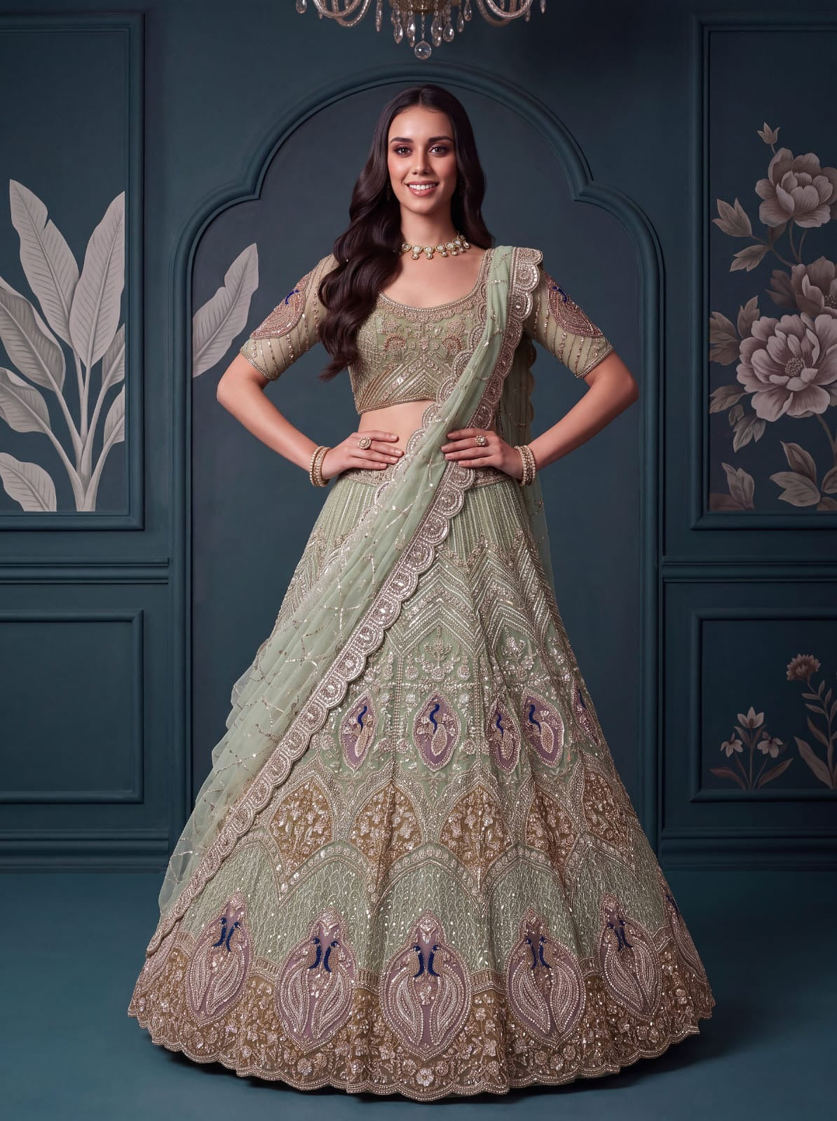 Pista Green Net Peacock Handwork Zari Sequin Lehenga Choli