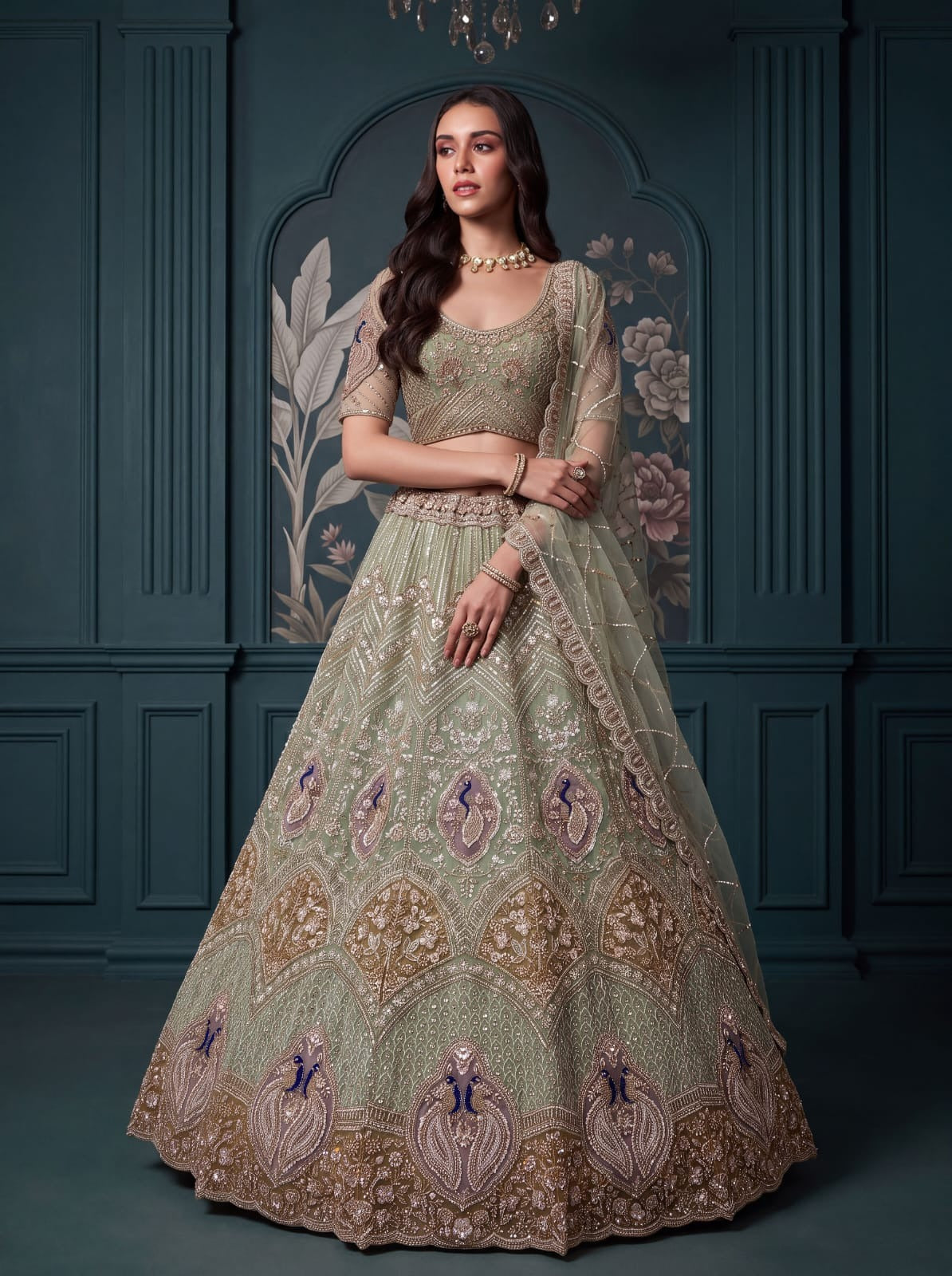 Pista Green Net Peacock Handwork Zari Sequin Lehenga Choli