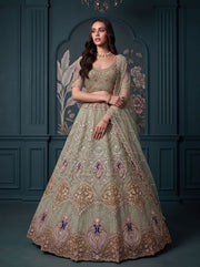 Pista Green Net Peacock Handwork Zari Sequin Lehenga Choli