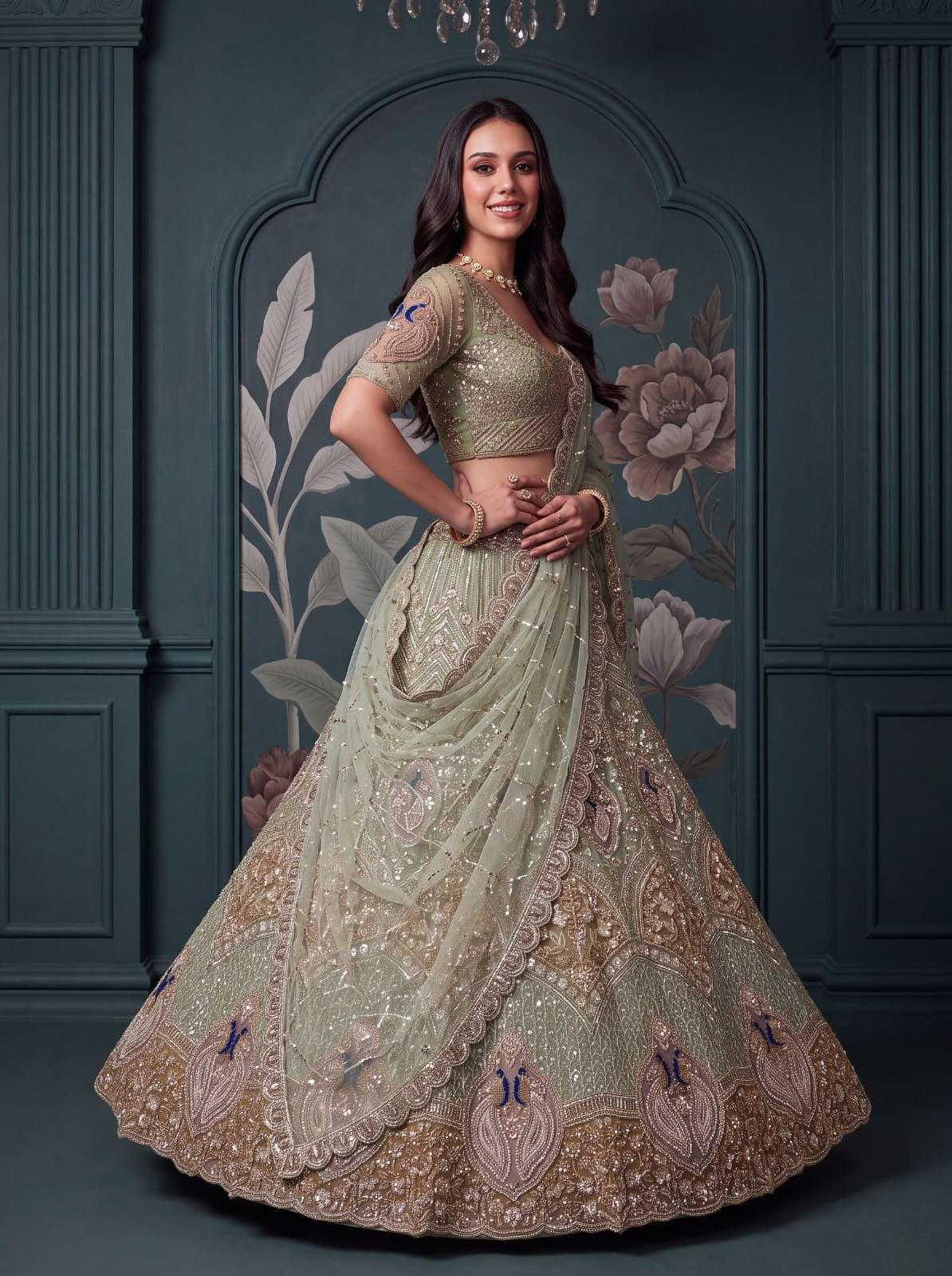 Pista Green Net Peacock Handwork Zari Sequin Lehenga Choli